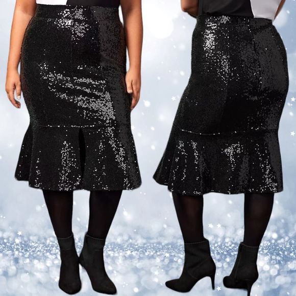 torrid Dresses & Skirts - Sylvia Mollie Trumpet Ponte Sequin Black Midi Skirt Size 16 NWT